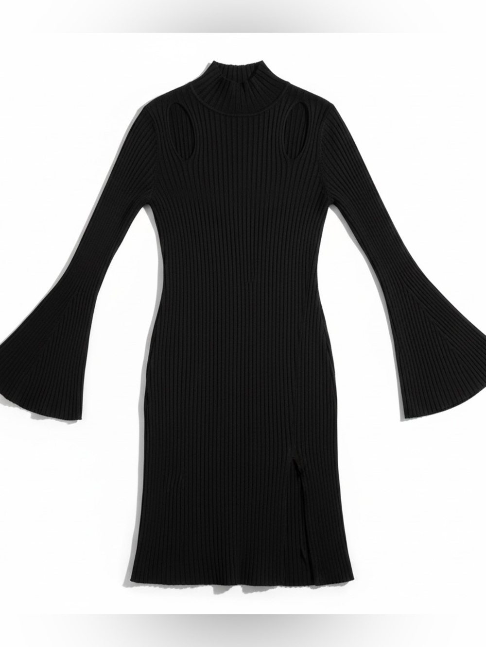 Max Azria Palila Black Ribbed Knit Midi Dress with Flared Bell Sleeves